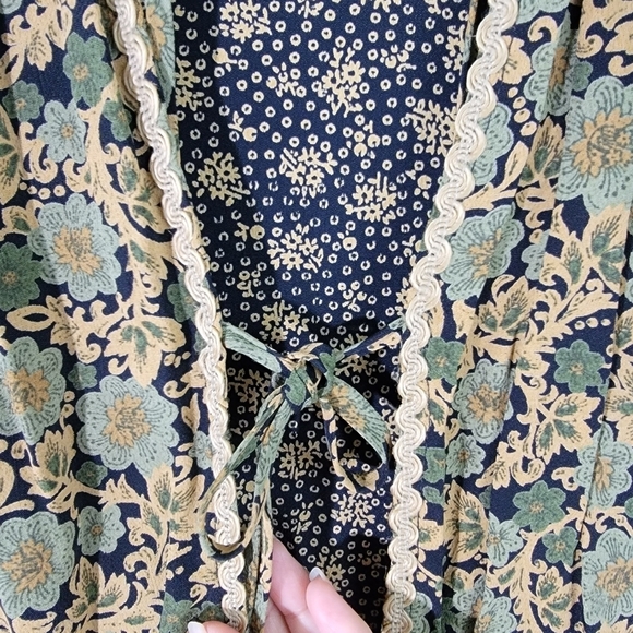 VTG CAROLE LITTLE Maxi Dress Sz 12 Black/Yellow Floral Long Sleeve Back Slit - Picture 6 of 12